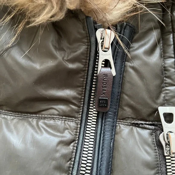 Rudsak Brown Down Puffer Coat Real Fur Trim Hooded Parka Jacket Womens Small - Picture 10 of 11